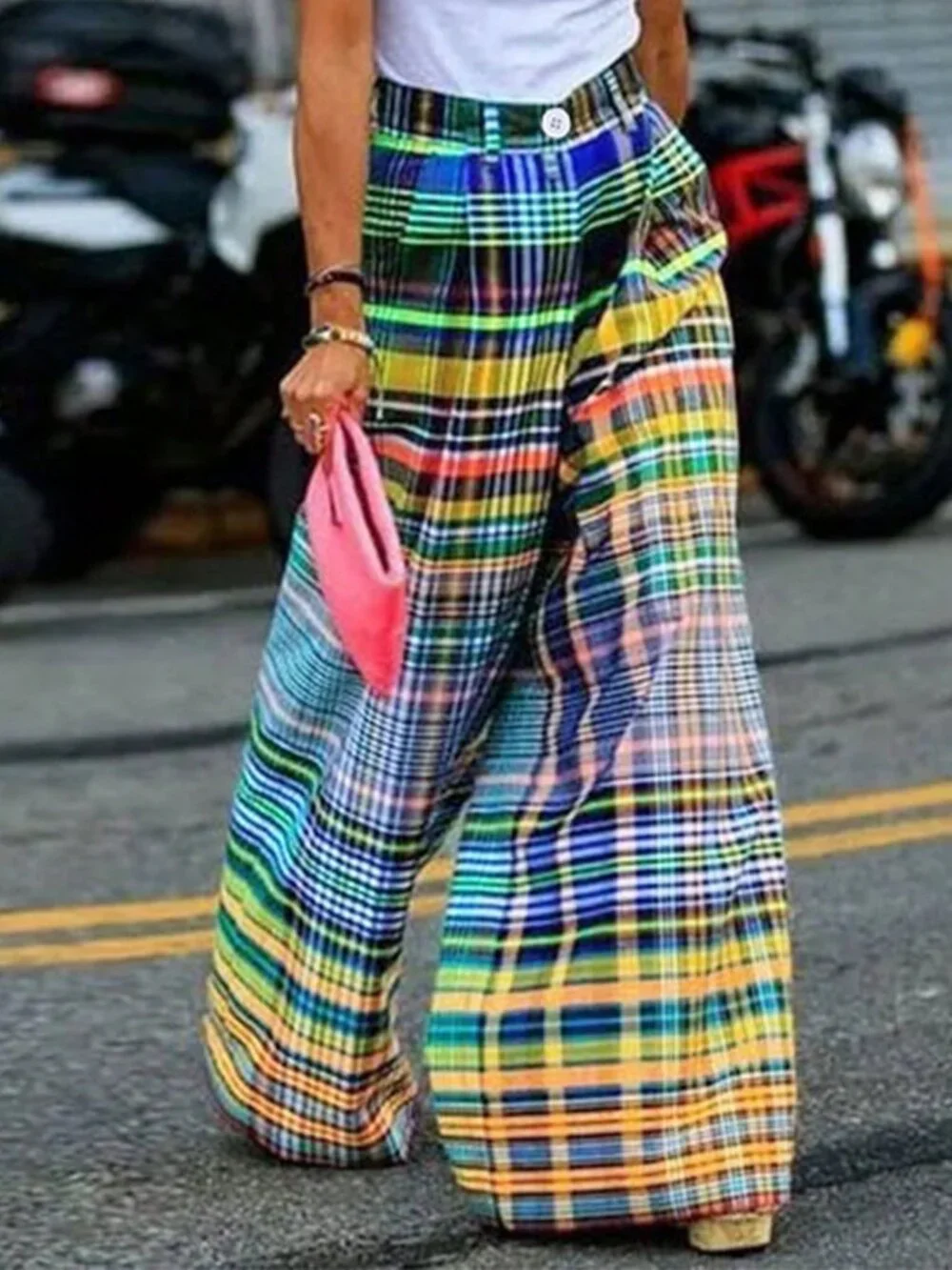 Multicolor Casual Women's Plaid Loose Straight Leg Pants - Picture 1 of 4